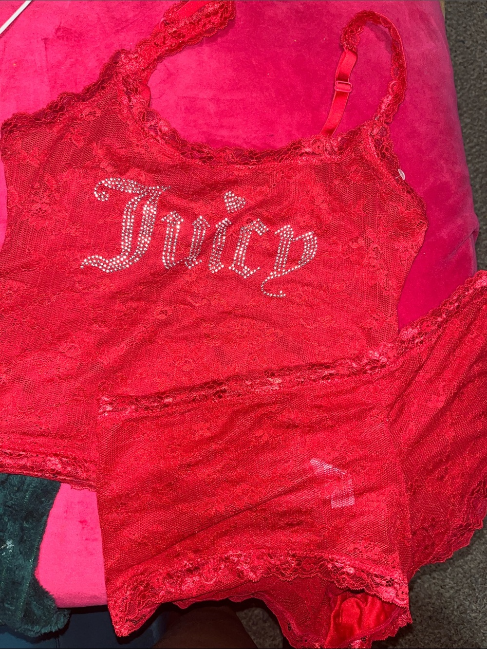 Juicy Couture Red Lace Rhinestone Logo Cami Set